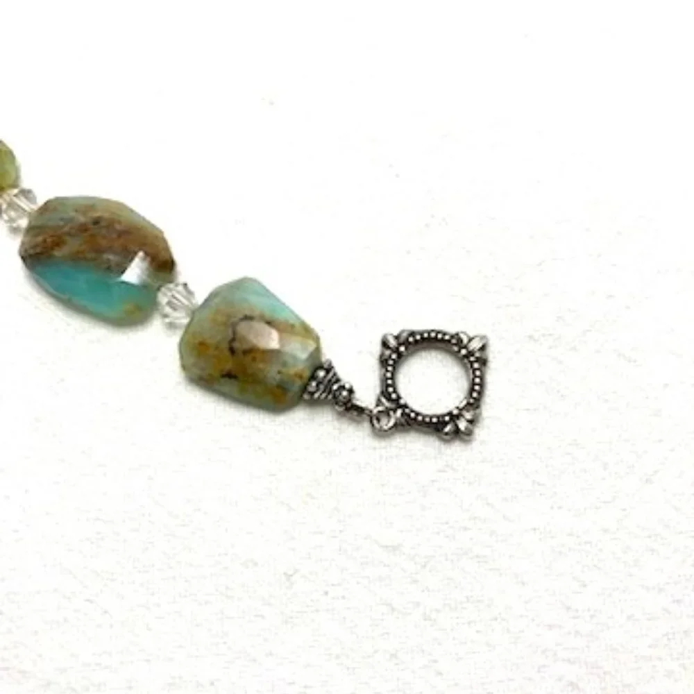 Beaded Bracelet Aqua & Brown Clear‎ Faceted Beads Silver Clasp Marked 925